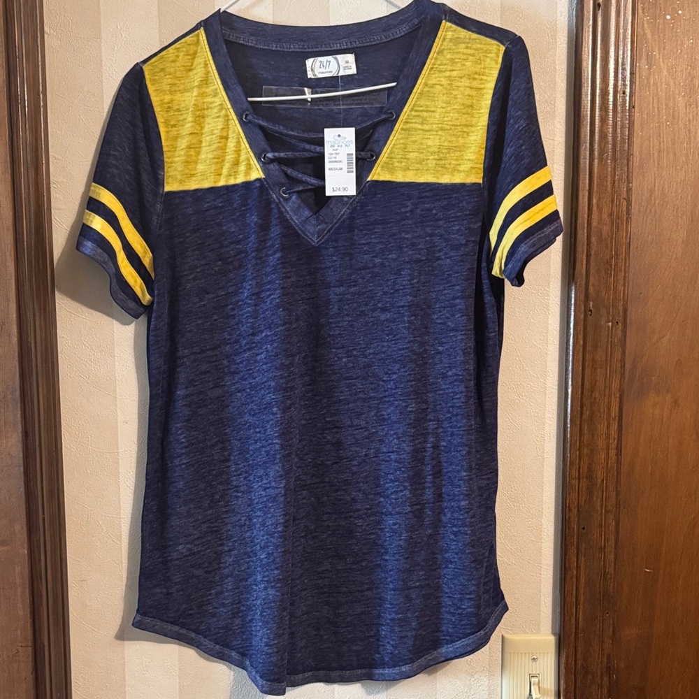 Maurices Navy and Yellow Lace-Up Tee